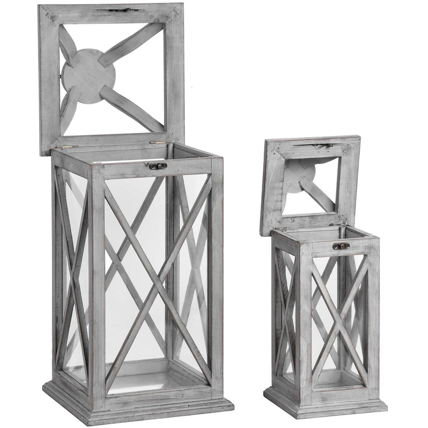 Set Of Two Grey Cross Section Lanterns With Open Tops Hill Interiors