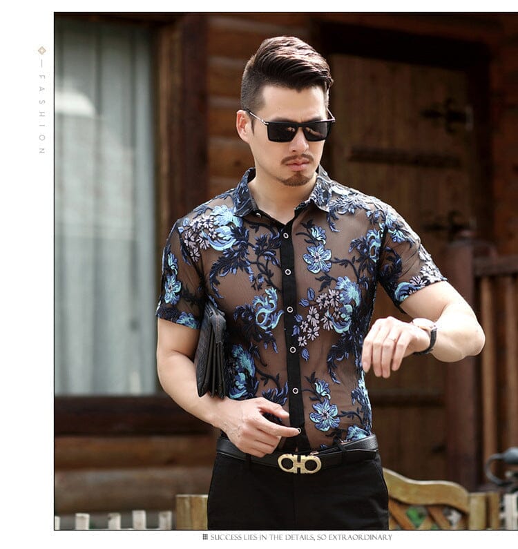 2022 New Embroidered Men's Sheer Shirts Sexy Lace Men's Shirts Mesh Shirts Club Party Prom Men's Shirts 4xl inkedbutterfly 