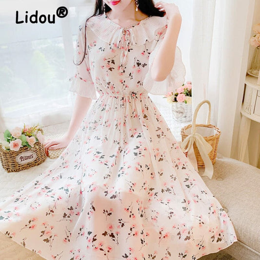 2022 Ruffled Peter Pan Collar Pink Floral Chiffon Dress Spring Summer Sweet Style Dress Korean Style Prairie Chic Casual Dress inkedbutterfly 