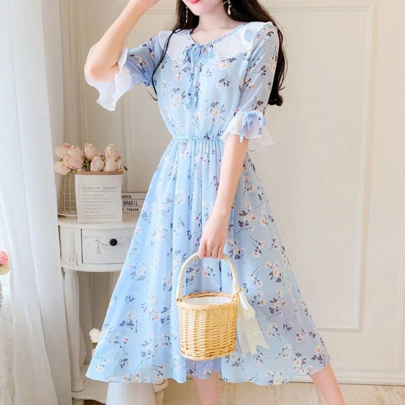 2022 Ruffled Peter Pan Collar Pink Floral Chiffon Dress Spring Summer Sweet Style Dress Korean Style Prairie Chic Casual Dress inkedbutterfly 