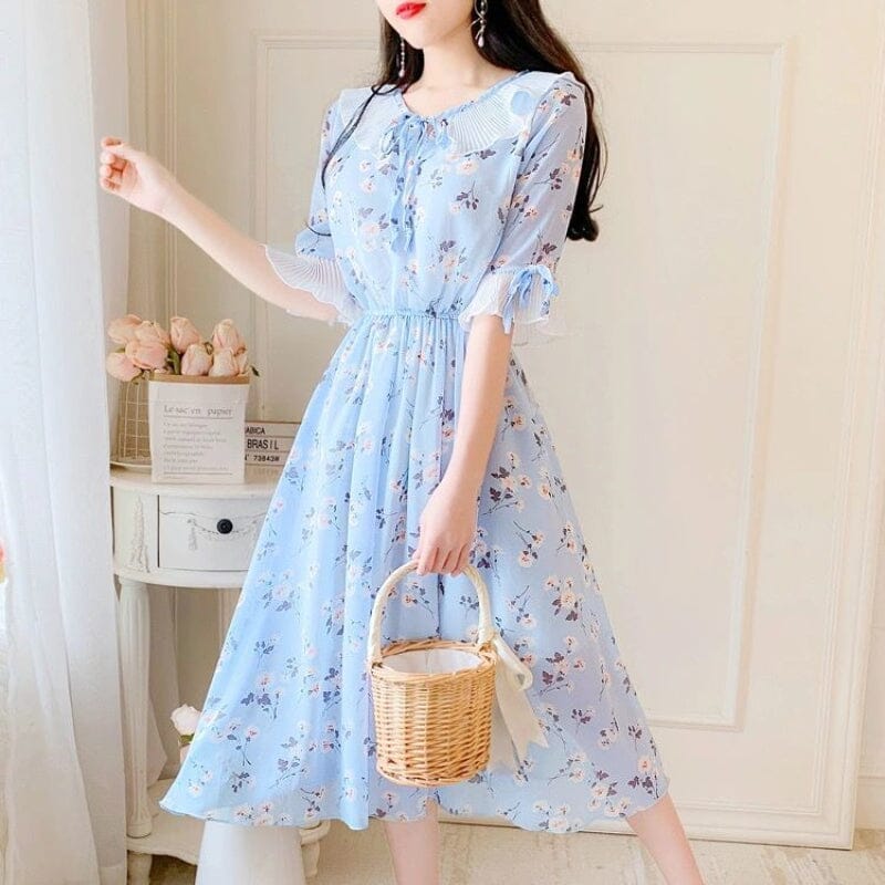 2022 Ruffled Peter Pan Collar Pink Floral Chiffon Dress Spring Summer Sweet Style Dress Korean Style Prairie Chic Casual Dress inkedbutterfly 