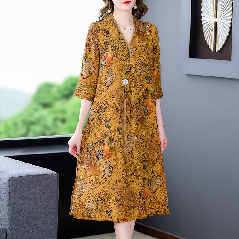 2022 Silk Print Green V-Neck Loose Plus Size Dress Korea Elegant Bodycon Party Vestidos Boho Vintage Loose Midi Dresses Clothes inkedbutterfly1 