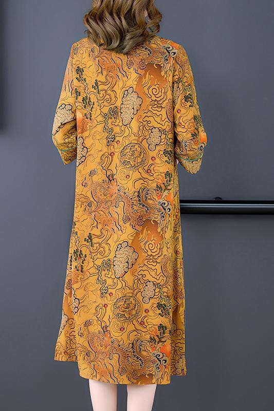 2022 Silk Print Green V-Neck Loose Plus Size Dress Korea Elegant Bodycon Party Vestidos Boho Vintage Loose Midi Dresses Clothes inkedbutterfly1 