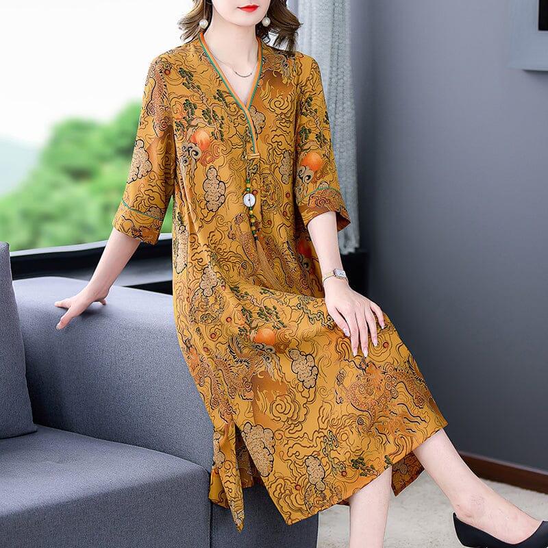2022 Silk Print Green V-Neck Loose Plus Size Dress Korea Elegant Bodycon Party Vestidos Boho Vintage Loose Midi Dresses Clothes inkedbutterfly1 