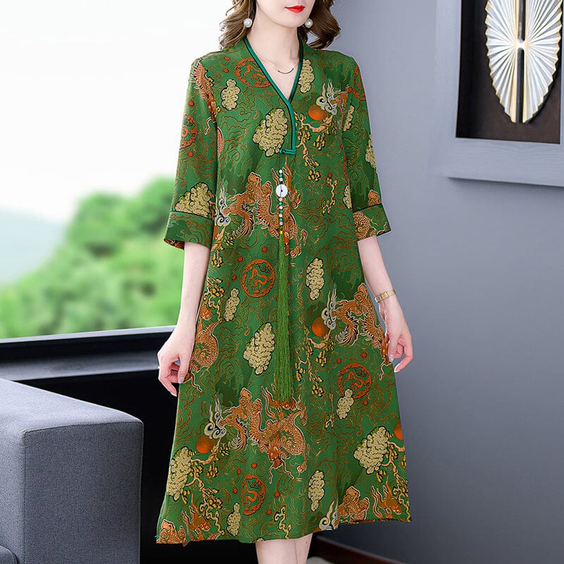 2022 Silk Print Green V-Neck Loose Plus Size Dress Korea Elegant Bodycon Party Vestidos Boho Vintage Loose Midi Dresses Clothes inkedbutterfly1 