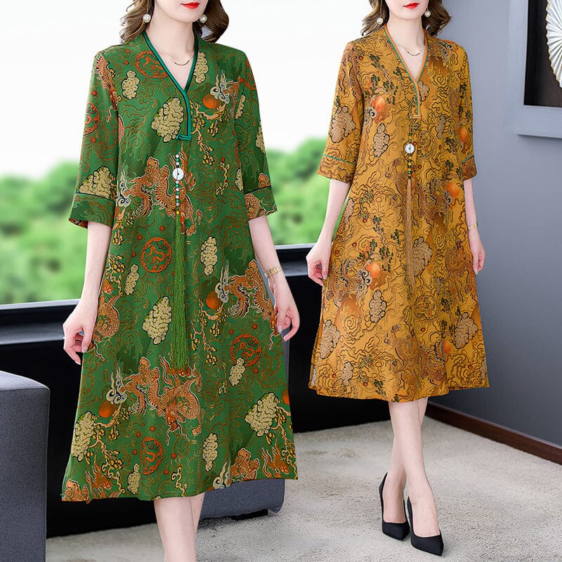 2022 Silk Print Green V-Neck Loose Plus Size Dress Korea Elegant Bodycon Party Vestidos Boho Vintage Loose Midi Dresses Clothes inkedbutterfly1 
