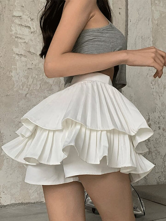 High Waist Pleated Mini Skirt Women Double Layer White A-line Skirt with Shorts Y2k Clothes Korean Fashion Goth Harajuku Skirt Clothes inkedbutterfly1 