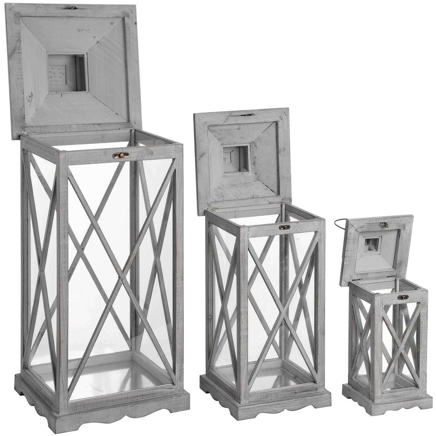 Set Of Three Wooden Lanterns With Traditional Cross Section Hill Interiors 