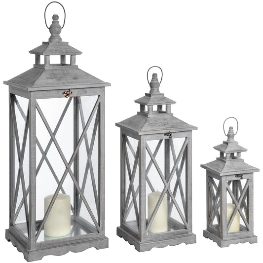 Set Of Three Wooden Lanterns With Traditional Cross Section Hill Interiors 